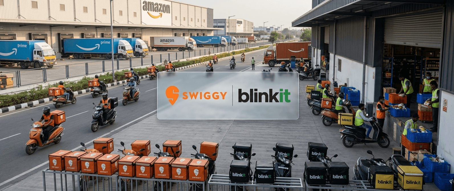 image of fleets of vehicles labeled with swiggy and blinkit logos