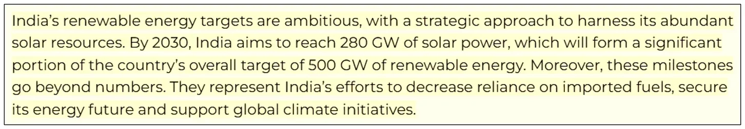 India has set an ambitious target of 280-300 GW of solar power capacity by 2030, up from 119-125 GW today.