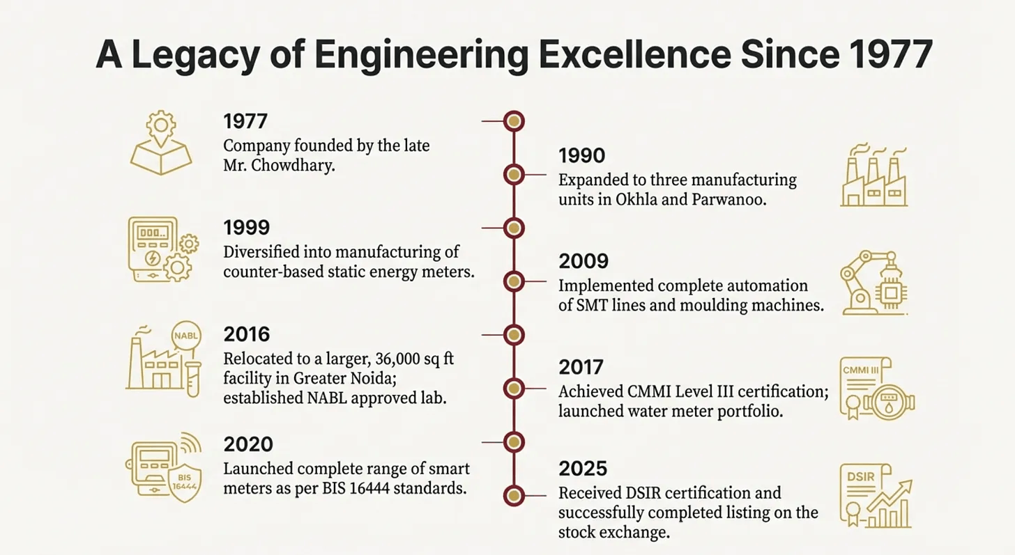 Key milestones from foundation in 1977 to 2025.