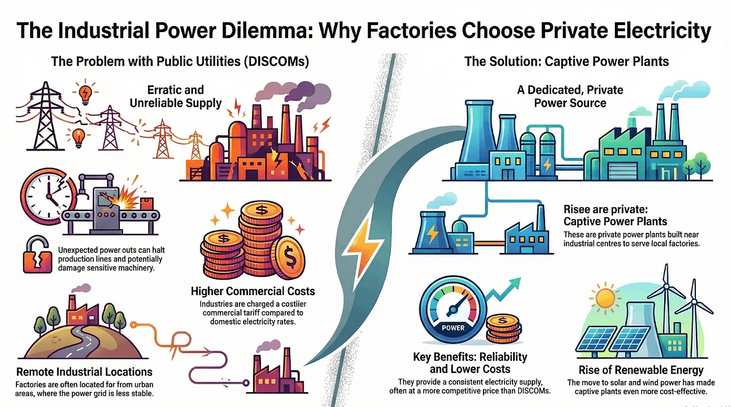 Why industries choose captive plants over public utilities.