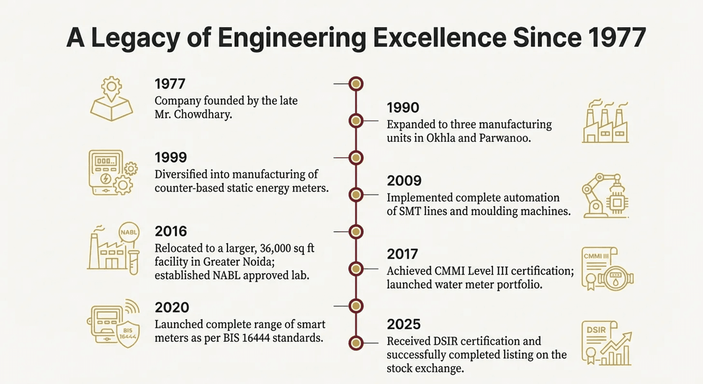 Key milestones from foundation in 1977 to 2025.