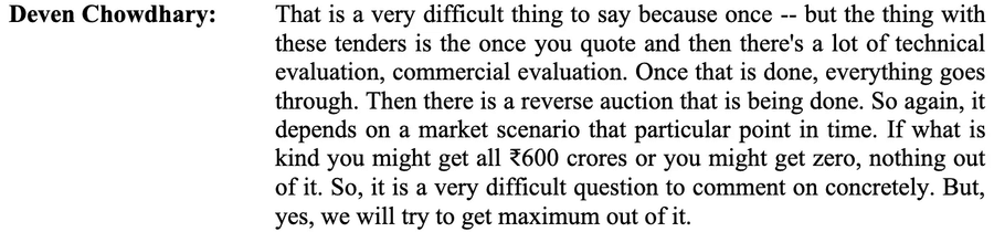 Deven Chowdhary explains the competitive nature of tenders.