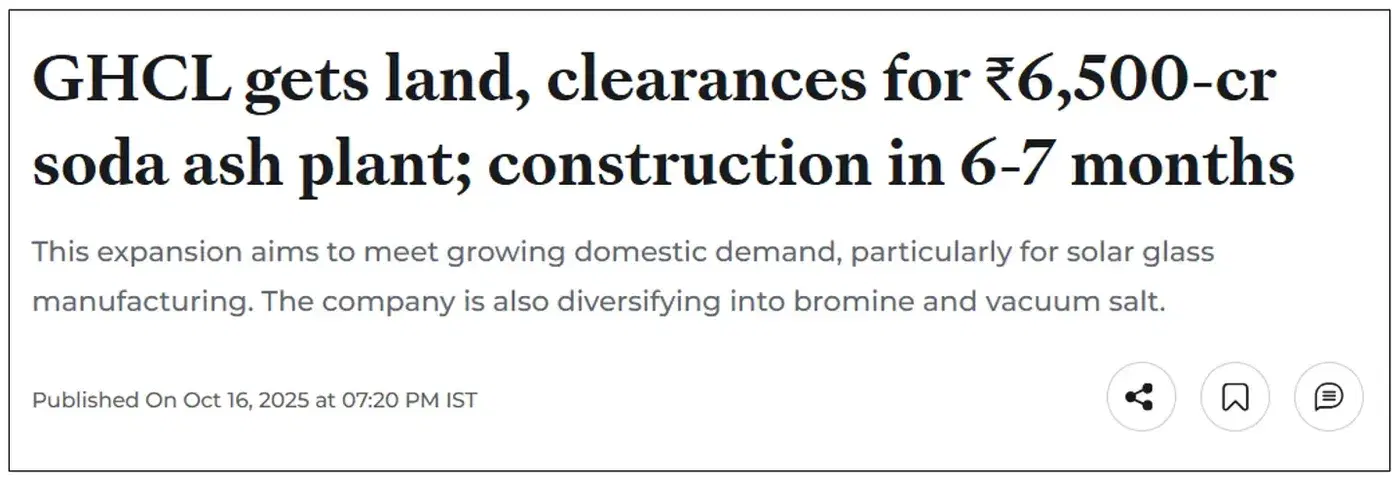 GHCL is preparing to invest ₹6,500 crores for a soda ash plant that will add 1.1 million tonnes of capacity by 2030, nearly doubling its total production capacity to 2.3 million tonnes.