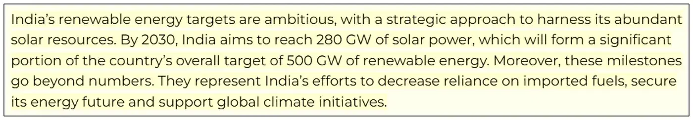 India has set an ambitious target of 280-300 GW of solar power capacity by 2030, up from 119-125 GW today.
