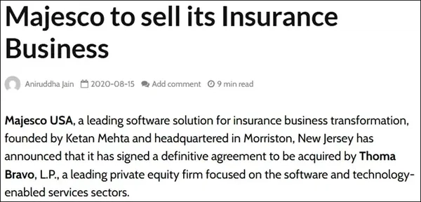 Highlight of an article on Majesco sold its Insurance Business