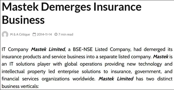 Mastek and Majesco Demerger Information