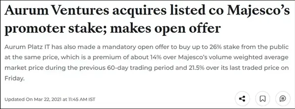 Snapshot of an article on Aurum Ventures acquired Promoter stake in Majesco
