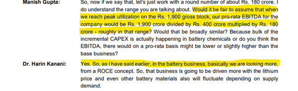 Analysts question peak EBITDA potential while management emphasizes ROCE-focused strategy in the battery business.
