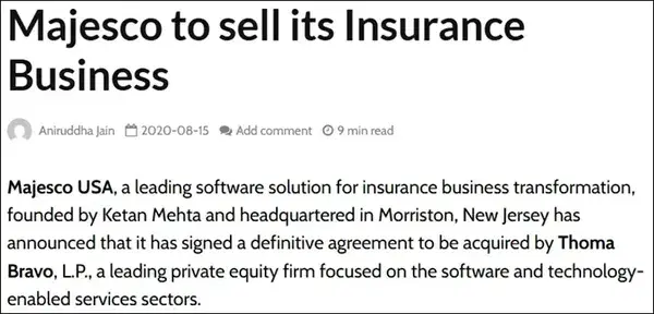 Highlight of an article on Majesco sold its Insurance Business