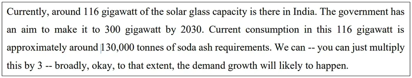 The image represents the calculation for the soda ash demand as India moves towards 300GW of solar energy by 2030.